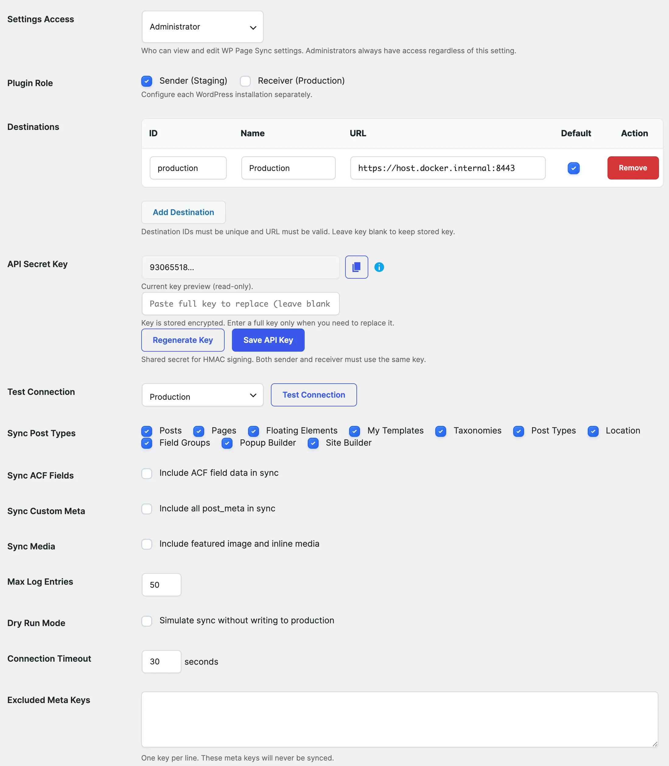 The Settings tab in wp-admin: plugin role selection, destination list, encrypted API secret key management, test connection, and per-post-type sync toggles.